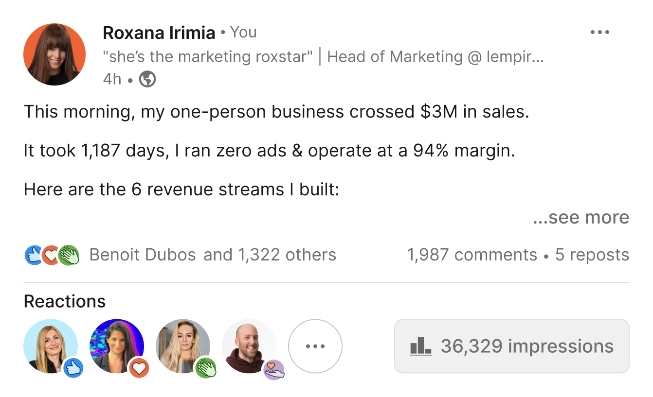 LinkedIn proof post showing strong engagement and impressions.